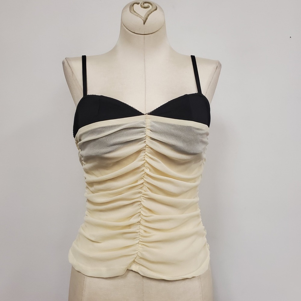 Sweetheart Ruched Micro Mesh Sleeveless Top Size S White Black Rave Y2K Sheer